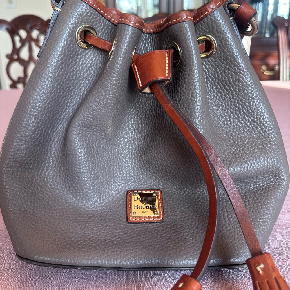 Dooney & Bourke Gray and Brown Hobo Bag with Drawstring Closure